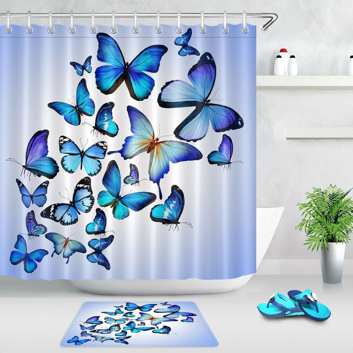 Colorful Blue Violet Butterfly Pattern Waterproof Fabric Shower Curtain Set