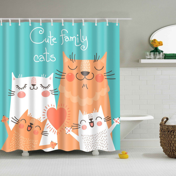 Cute Cartoon Family Cats Art Design 3D Printed Shower Curtain Gift For Cat Lover