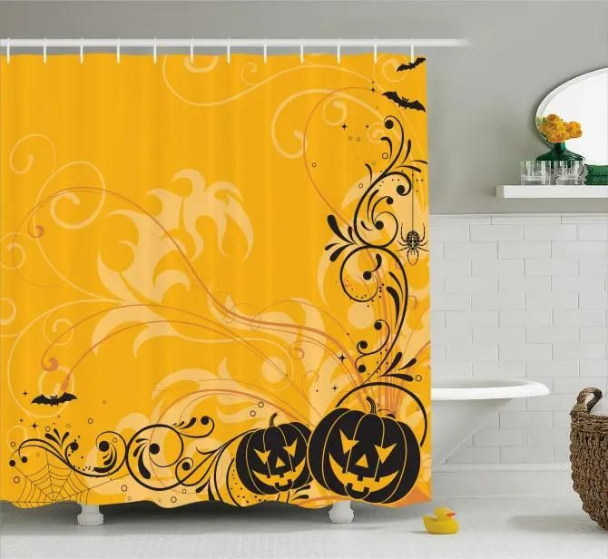 Pumpkins Bats Halloween     Shower Curtain Water Repellent Treatment Modern Home Bathroom Decor