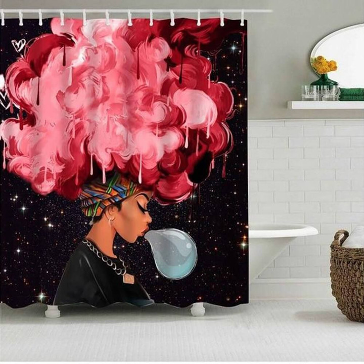 Melanin Woman Bubble Gum Shower Curtain  High Quality Custom Design Home Decor