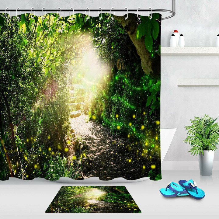 Fairy Tale Forest Road Stone Stairs Firefly 3D Printed Shower Curtain Set