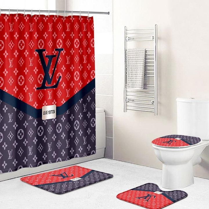 Lv Supreme Red And Blue Shower Curtain Waterproof Luxury Bathroom Mat Set Luxury Brand Shower Curtain Luxury Window Curtains