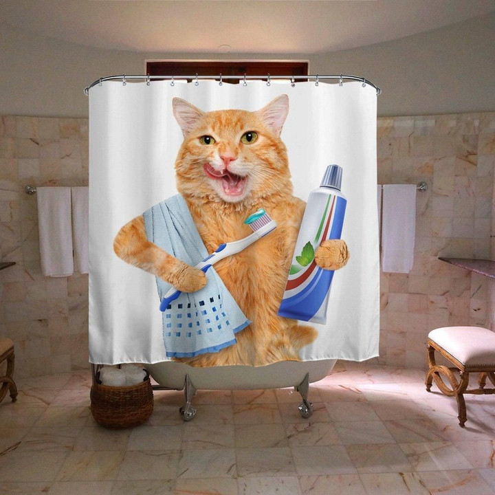 Ginger Cat Brushing Teeth Gift For Cat Lovers 3D Printed Shower Curtain