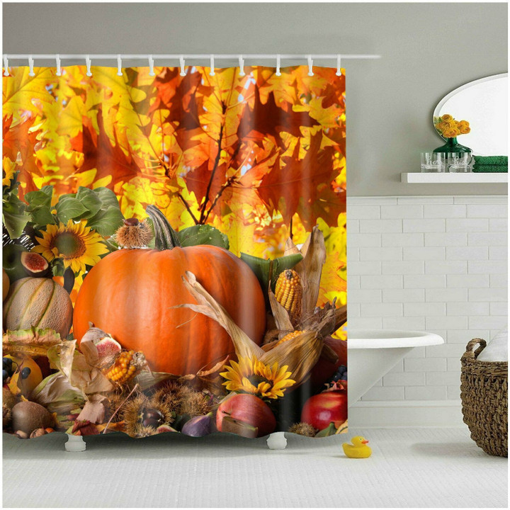 Autumn Leaves Happy Thanksgiving Day Pumpkin Sunflowers Shower Curtain Set