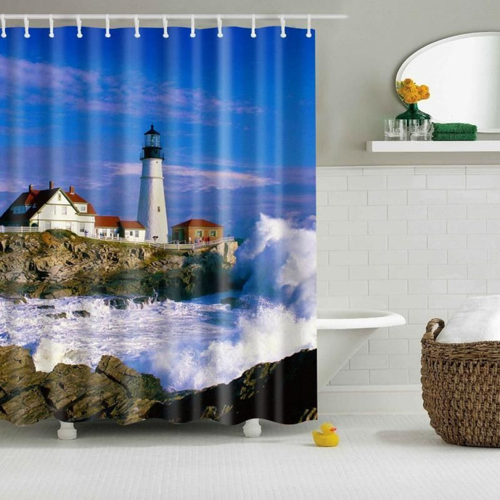 Blue Coastal Nautical Lighthouse Shower Curtain  Art High Quality Custom Design Home Decor