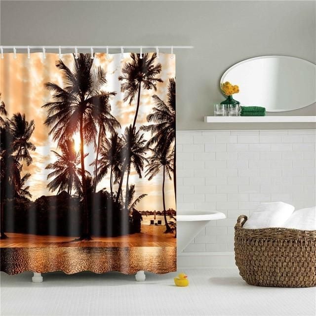 Beach Palm Silhouette Fabric Shower Curtain Vibrant Color High Quality Unique For Good Vibes Home Decor
