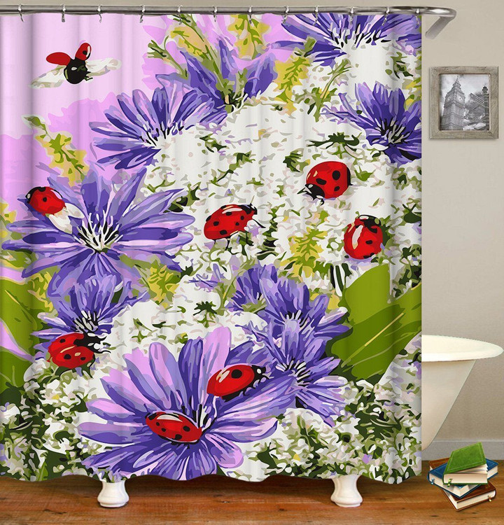 Coccinella Septempunctata Purple Polyester Cloth 3D Printed Shower Curtain