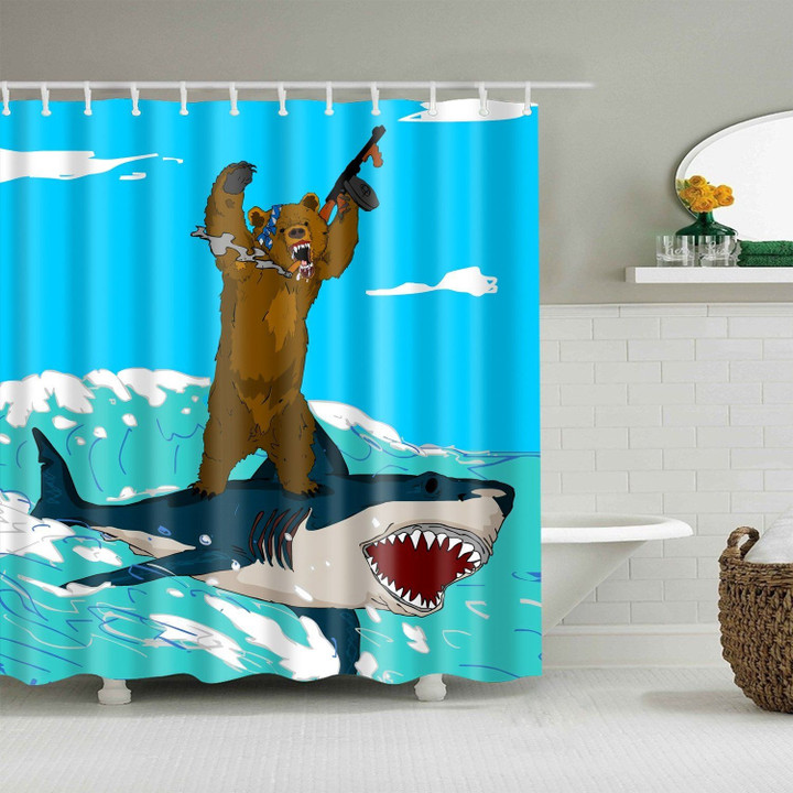 Crazy Bear Riding Shark Art Design 3D Printed Shower Curtain