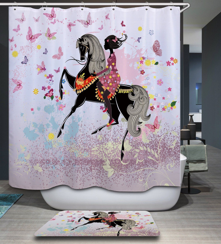 3D Printed Shower Curtain  Horse Riding Girl Butterfly Flower Home Decor Gift Ideas
