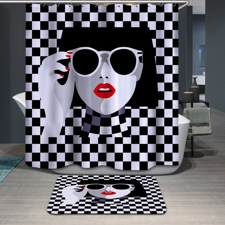 Fashionable Girl Face Shower Curtains Fabric Cool Black White Bathroom Curtains
