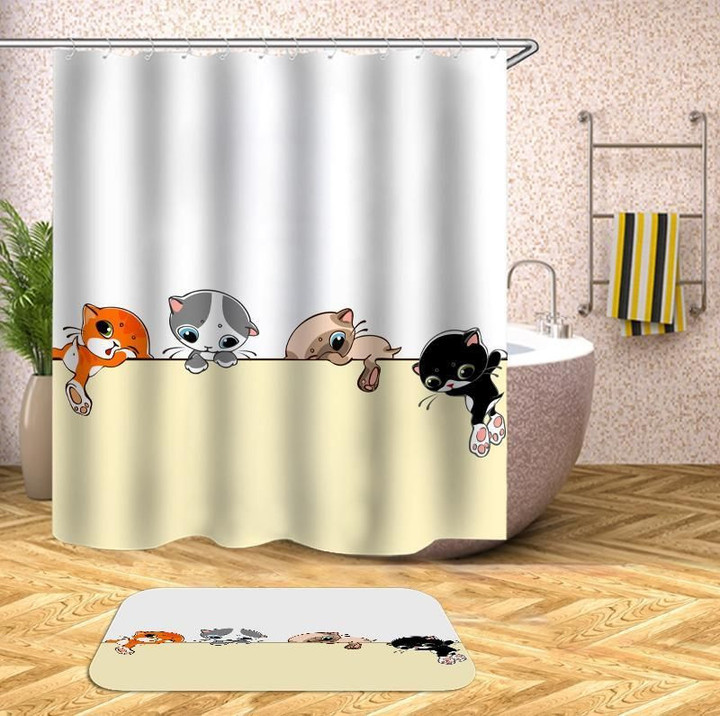 Cute Cat White Polyester Cloth 3D Printed Shower Curtain Gift For Cat Lovers