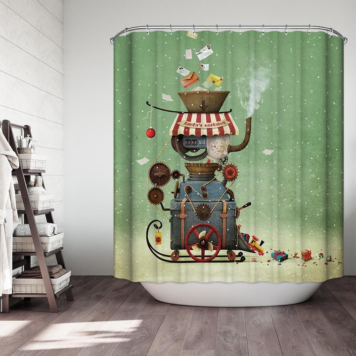 Steam Engine Producing Xmas Gifts Shower Curtains Bathroom Decor