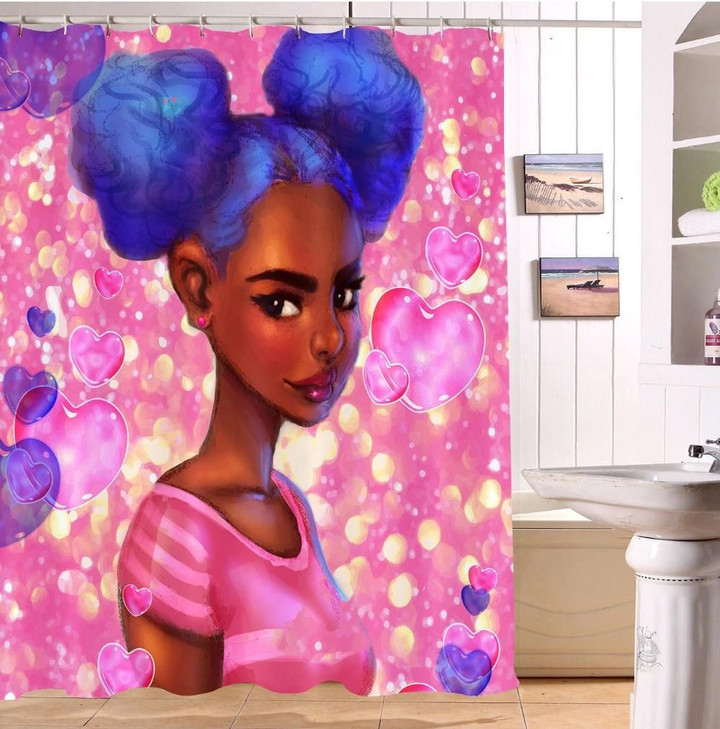 African Little Cute Black Girl Purple Hair Fabric 3D Printed Shower Curtain
