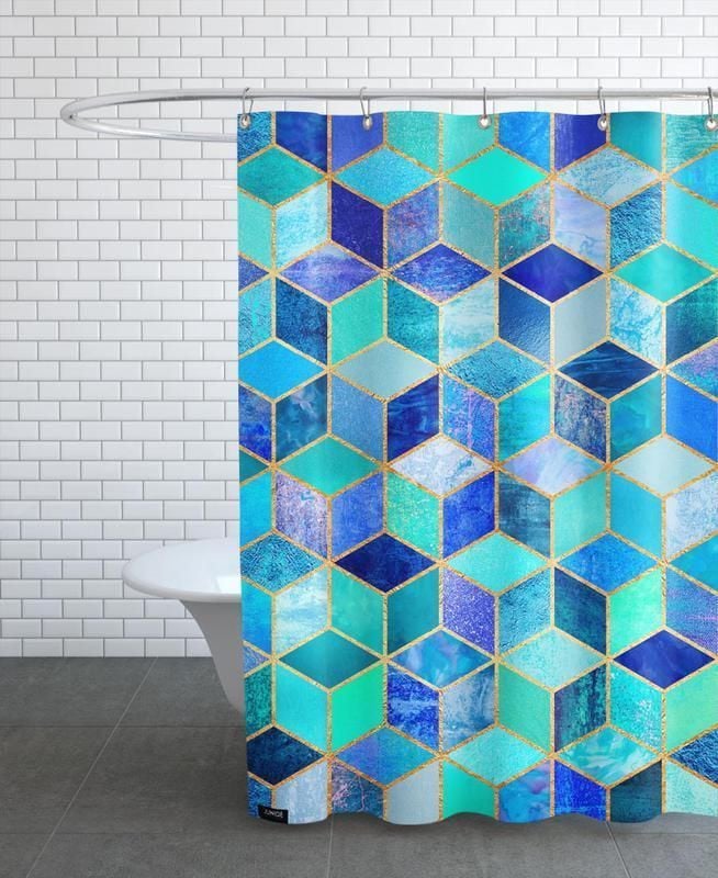 Shower Curtain- Abstraction Abstract Geometric Blue Color Copy Cubes Digital Effect