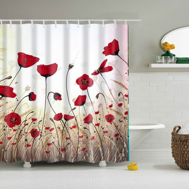 3D Printed Shower Curtain Gift Home Decor Red Poppy Field Nature