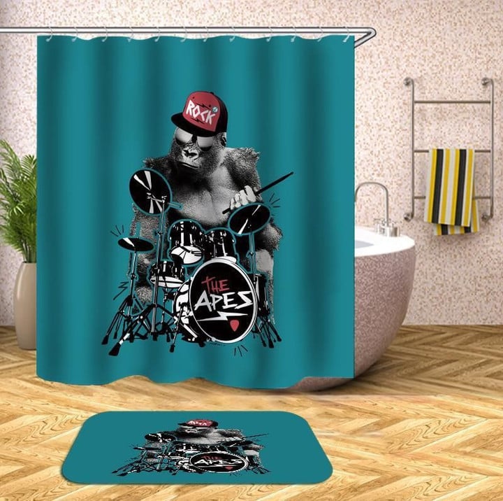Monkey Drummer Teal Polyester Cloth 3D Printed Shower Curtain