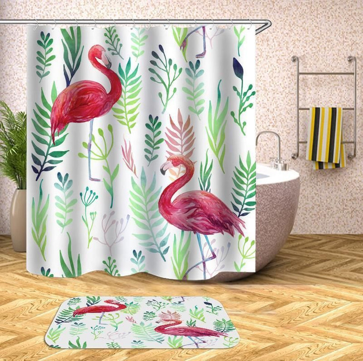 The Flamingos With Leaves Pattern Graphic Design 3D Printed Shower Curtain Gift Home Decor