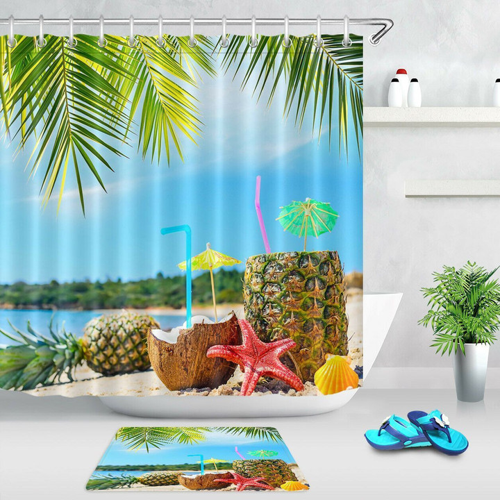3D Printed Shower Curtain Set Aloha Summer Beach Pineapples Palm Tree