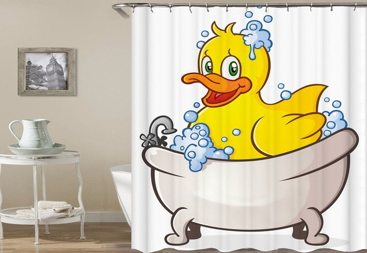 Cute Yellow Duck White Polyester Cloth 3D Printed Shower Curtain