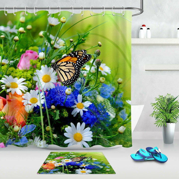 Blooming Flowers Daisy Butterfly 3D Printed Shower Curtain Set Home Decor Gift