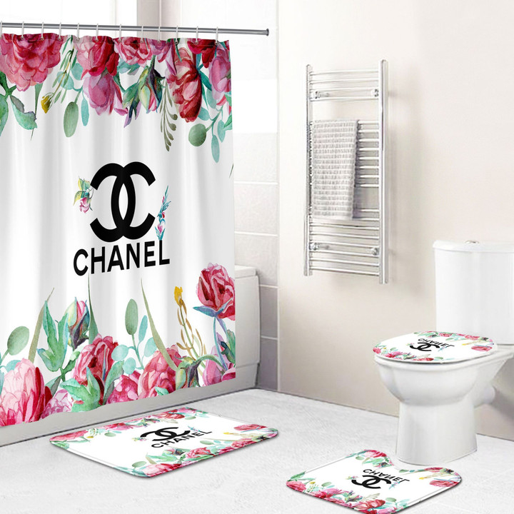 Chanel Flowers Set 2 Shower Curtain Luxury Bathroom Mat Set Luxury Window Curtains
