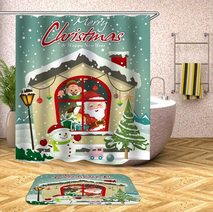Christmas Bath Mat And Shower Curtain Set Fabric Human Skeleton Teal Polyester Cloth Bathroom Curtains