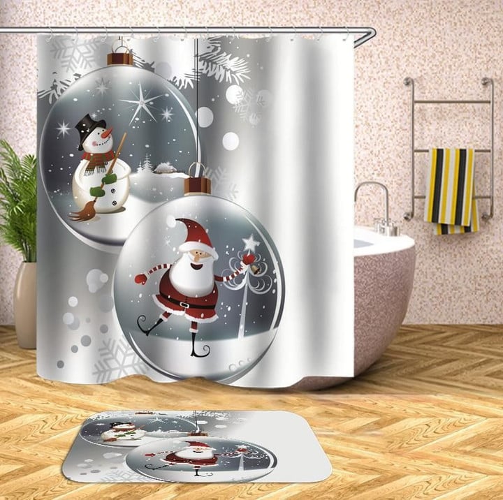 Christmas Bath Mat And Shower Curtain Set Water Repellent For Bathroom Home Decor