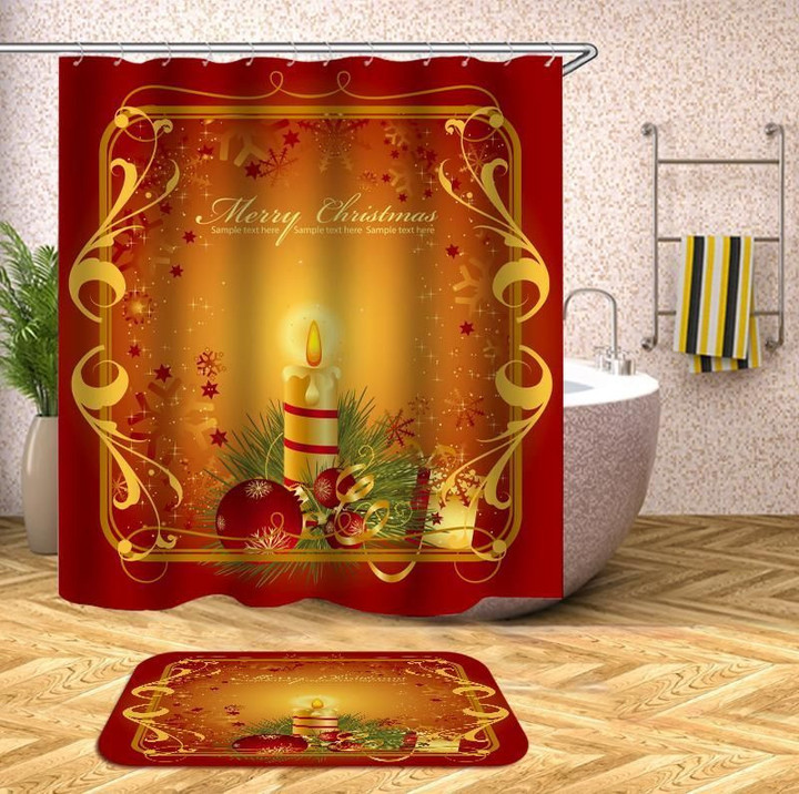 Merry Christmas With The Candle 3D Printed Bath Mat And Shower Curtain Set Gift Home Decoration