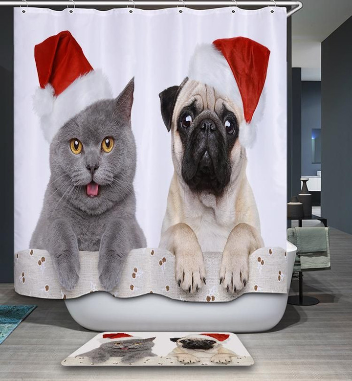 Cute Cat With Puppy Pug Wear Christmas Hat Bath Mat And Shower Curtains Set Bathroom Decor