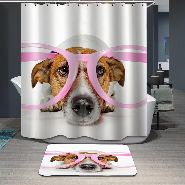 Dog Bath Mat And Shower Curtains Set Fabric Cute Pink Polyester Cloth Print Bathroom Curtains