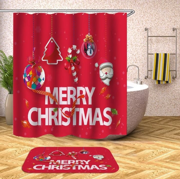 Merry Christmas Graphic Design 3D Printed Bath Mat And Shower Curtain Set Gift Home Decoration