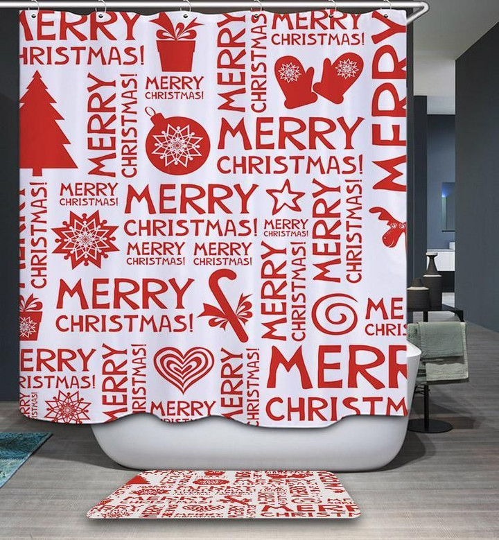 Merry Christmas Red Quotes Bath Mat And Shower Curtains Set Bathroom Decor