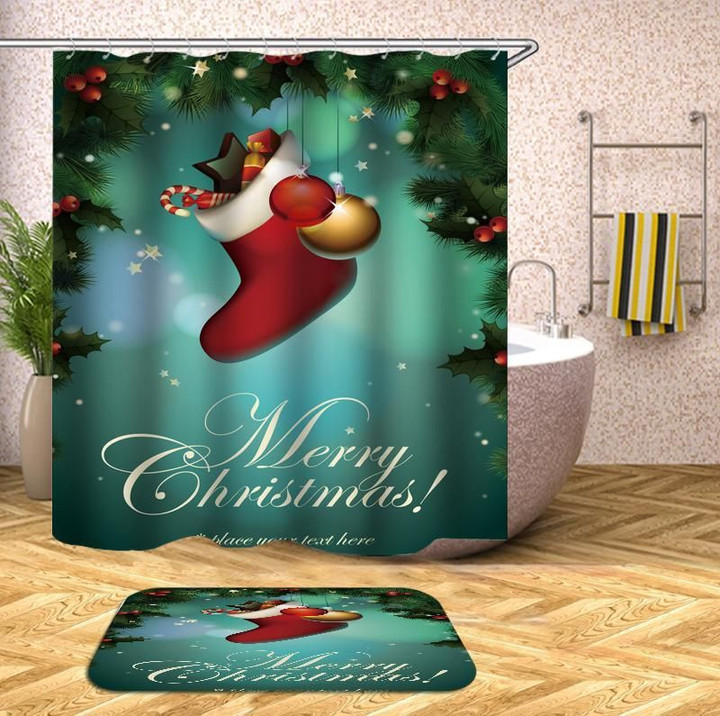 Red Socks And Ball Art Design 3D Printed Bath Mat And Shower Curtain Set Gift For Christmas Day