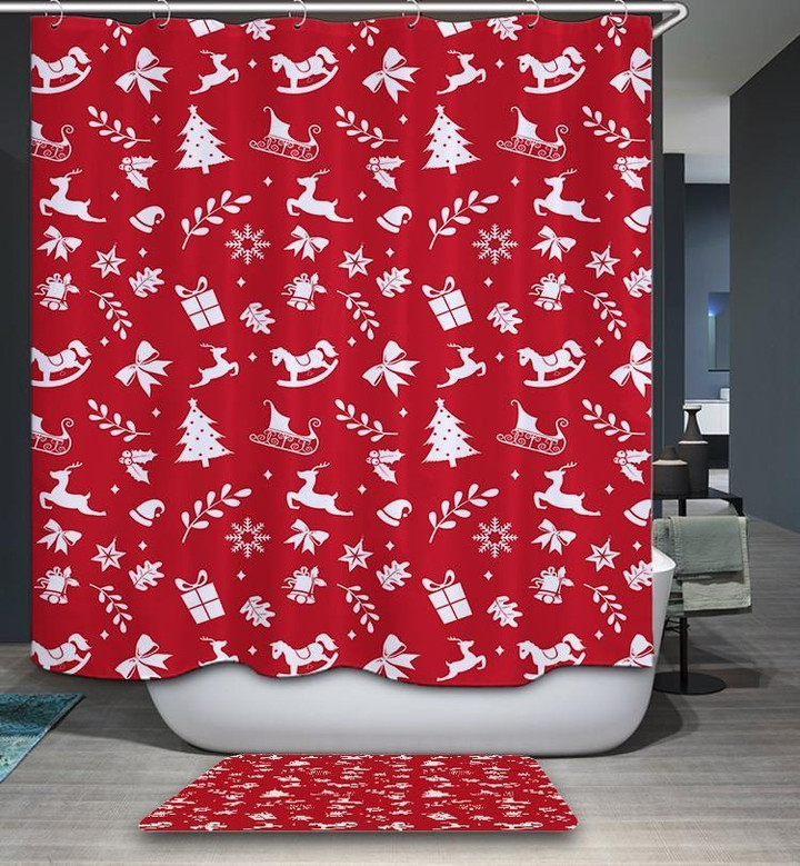 Red White Tiny Christmas Ornament Bath Mat And Shower Curtains Set Bathroom Decor