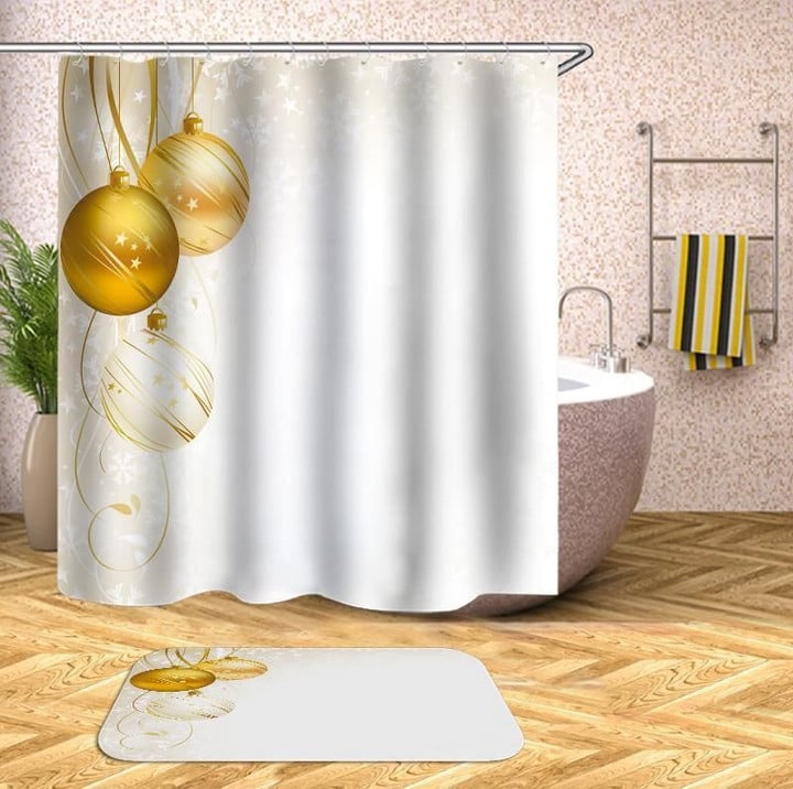 Christmas Bath Mat And Shower Curtains Set Fabric Simplicity White Polyester Cloth Bathroom Curtains