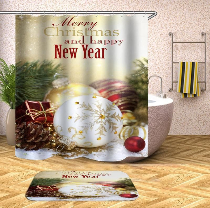 Merry Christmas And Happy New Yeah Art Design 3D Printed Bath Mat And Shower Curtain Set Gift For Home