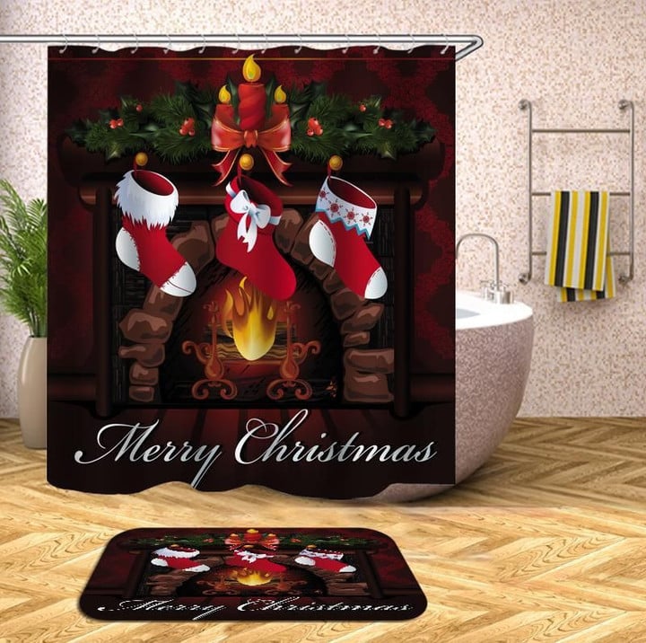 Merry Christmas And Xmas Decoration 3D Printed Bath Mat And Shower Curtain Set Gift Home Decoration