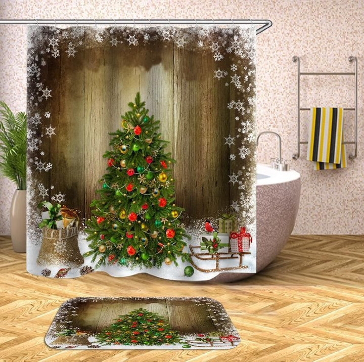The Christmas Tree 3D Printed Bath Mat And Shower Curtain Set Gift Home Decoration