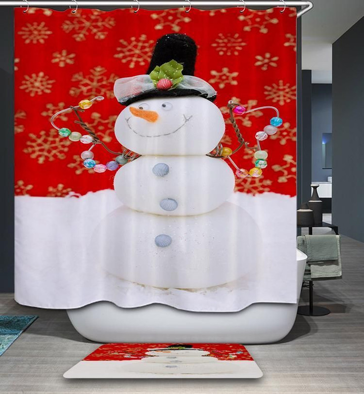 Decorated Snowman Smile Art Design 3D Printed Bath Mat And Shower Curtain Set Gift For Christmas Day
