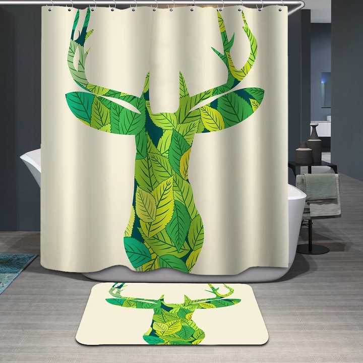 3D Printed Shower Curtain And Bath Mat Moose Shabby Chic Green Polyester