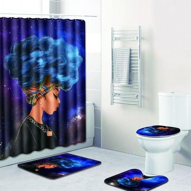 Sexy Afro Black Woman With Blue Short Hair   3D Printed Shower Curtain Bathroom Decor