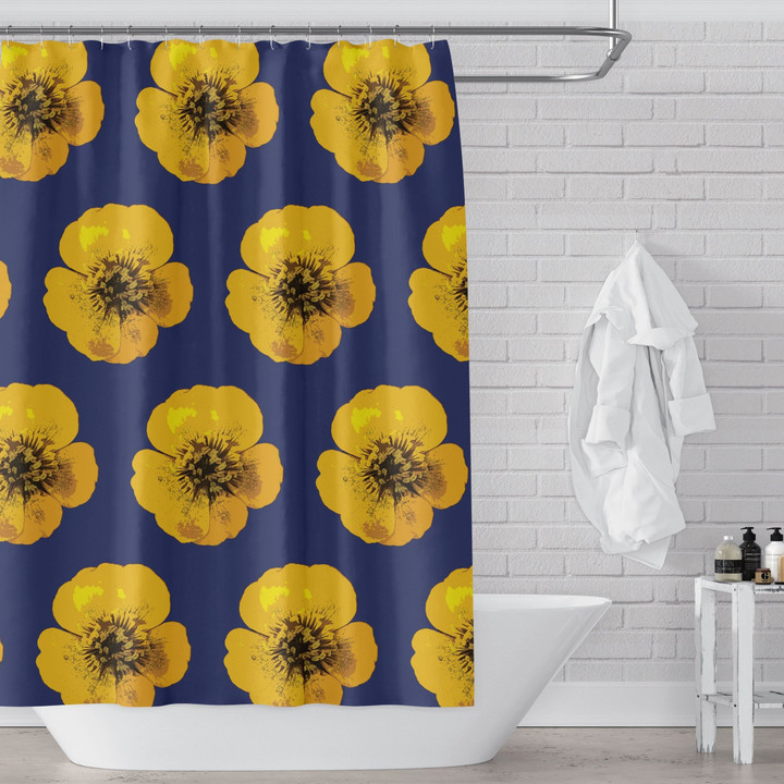 Sunny Giant Yellow Buttercup Flowers On Blue 3D Printed Shower Curtain