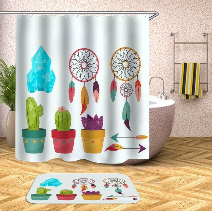 3D Printed Shower Curtain Cactus And Dreamcatchers White Polyester Cloth