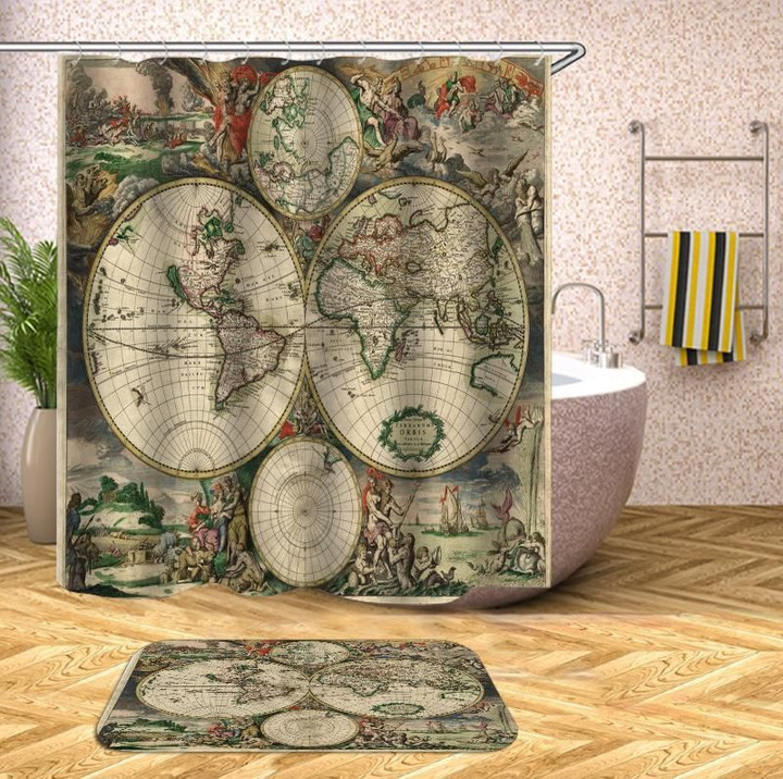 Map Cream Polyester Cloth 3D Printed Shower Curtain