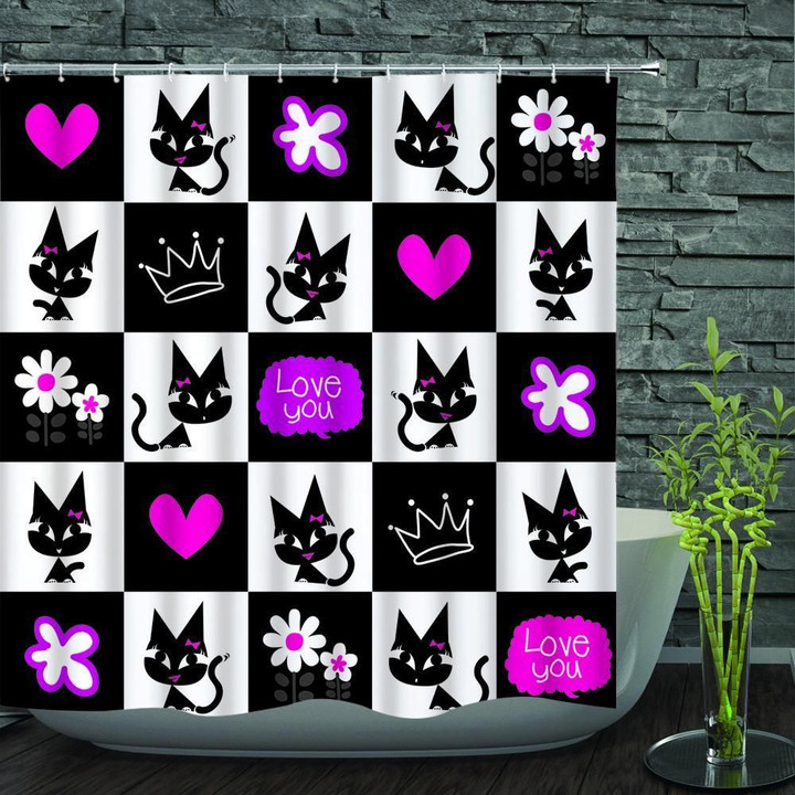 Black Cute Cat Love You With Purple Heart 3D Printed Shower Curtain