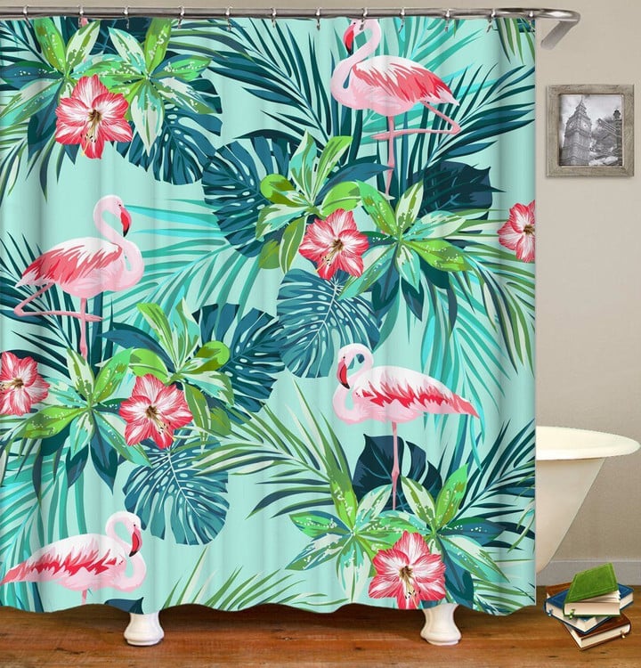 Pink Flamingo Green Leaf 3D Printed Shower Curtain  Home Decor Gift Ideas