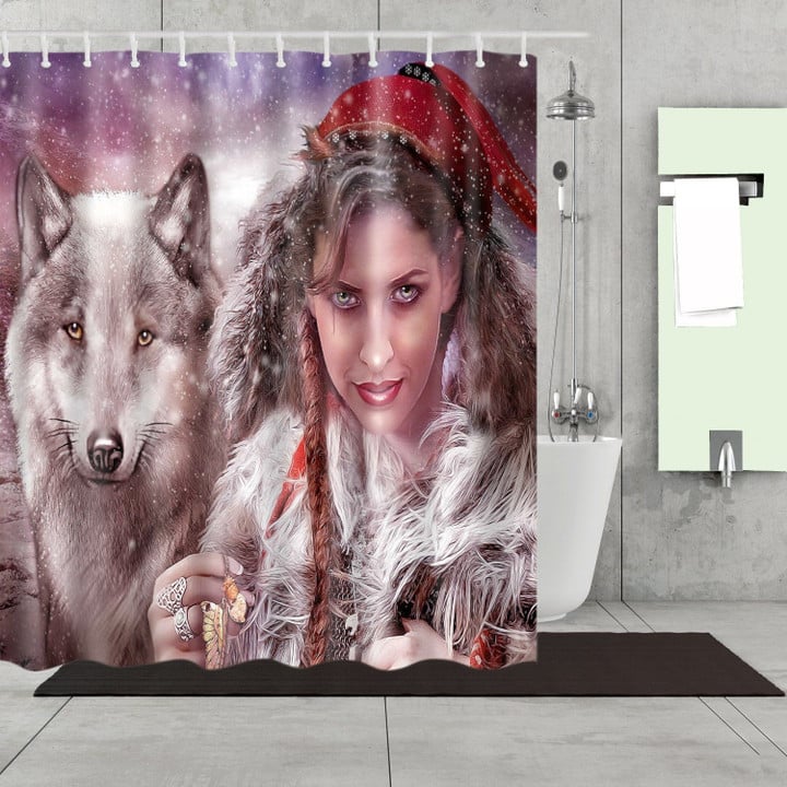Winter Snow Wolf Girl 3D Printed Shower Curtain Gift Home Decor