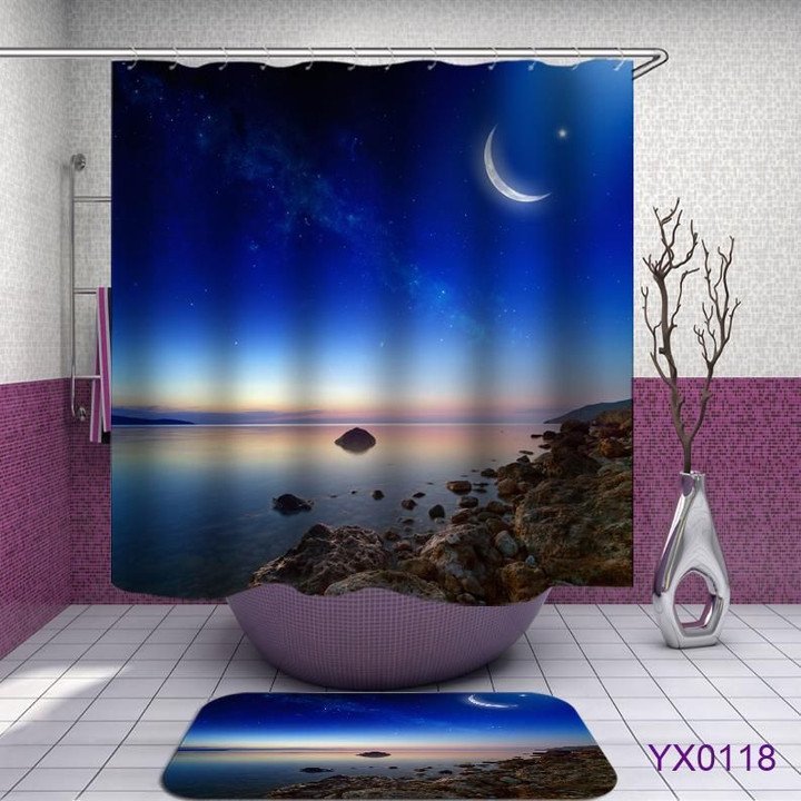 Moon Elegant Blue Polyester Cloth 3D Printed Shower Curtain
