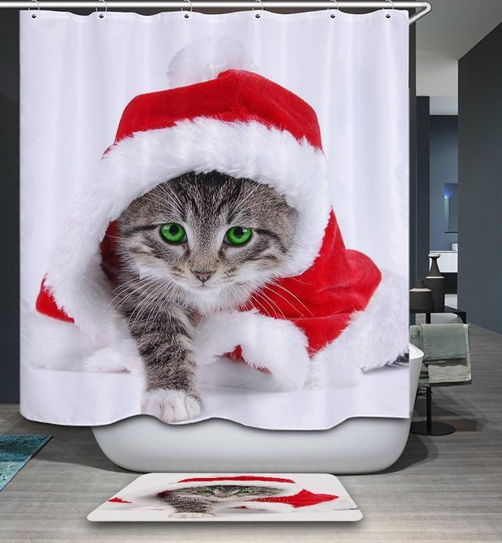 White Kitten Wearing Christmas Santa Hat  Art Design 3D Printed Shower Curtain For Cat Lover