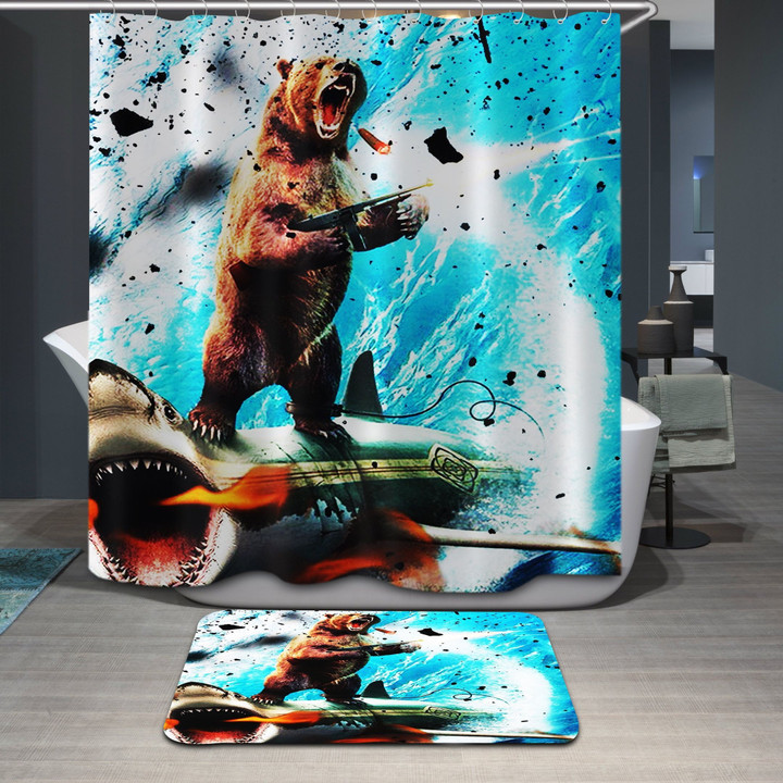 Unique Bear And Shark Polyester Cloth 3D Printed Shower Curtain